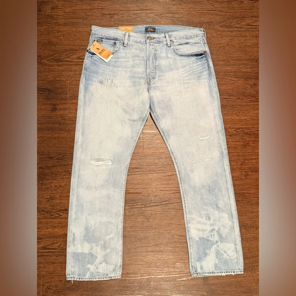 Polo Ralph Lauren The Varick Slim Straight Distressed Sun Faded Jeans Size 35x30